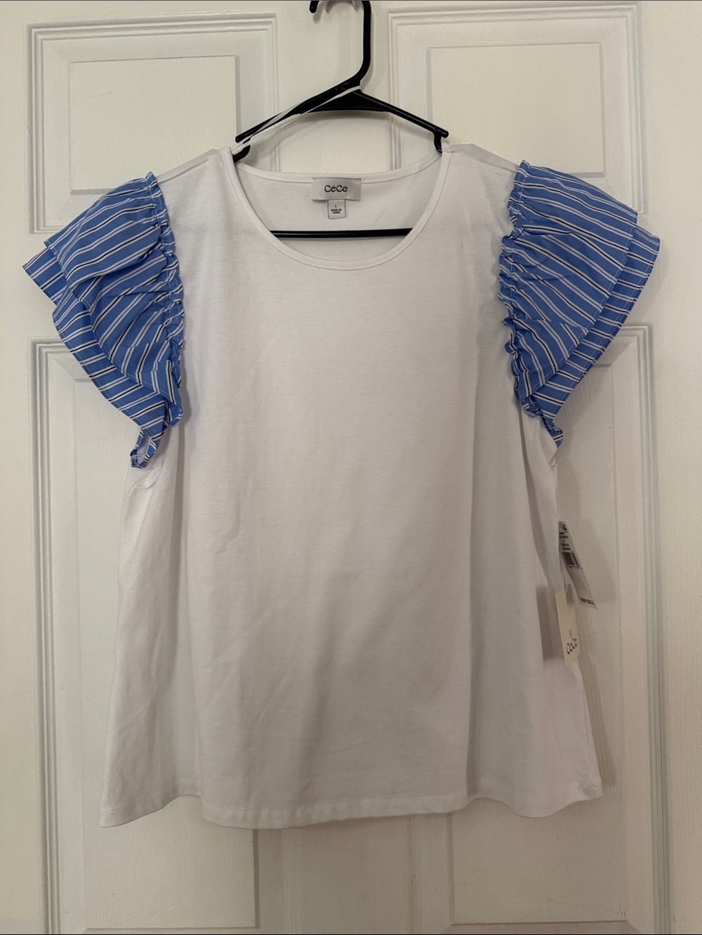 CeCe White Tee with Blue Striped Ruffle Sleeves